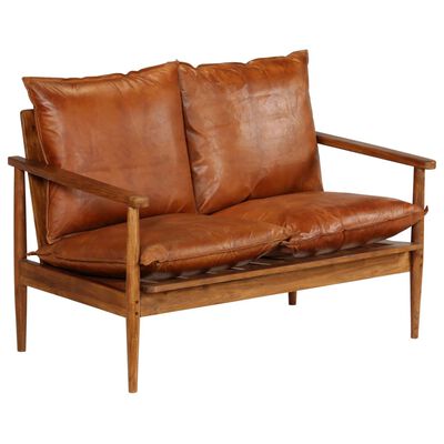 vidaXL 2-Seater Sofa Real Leather with Acacia Wood Brown