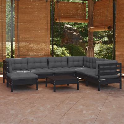 vidaXL 8 Piece Patio Lounge Set with Cushions Black Solid Pinewood