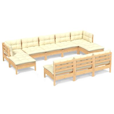 vidaXL 10 Piece Patio Lounge Set with Cream Cushions Pinewood