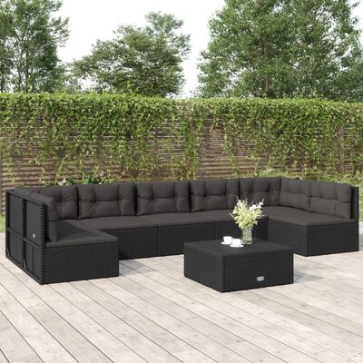 vidaXL 7 Piece Patio Lounge Set with Cushions Black Poly Rattan