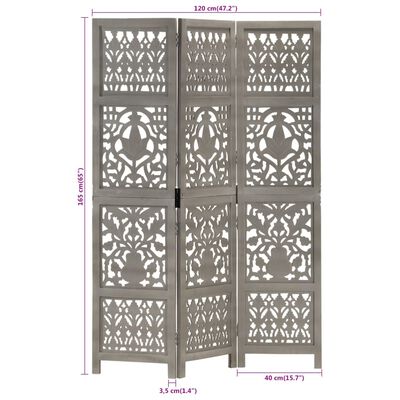 vidaXL Hand Carved 3-Panel Room Divider Gray 47.2"x65" Solid Mango Wood