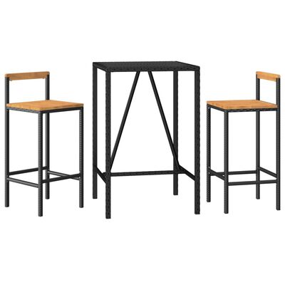 vidaXL 3 Piece Patio Bar Set Black Poly Rattan& Solid Wood Acacia