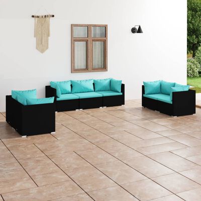 vidaXL 7 Piece Patio Lounge Set with Cushions Poly Rattan Black