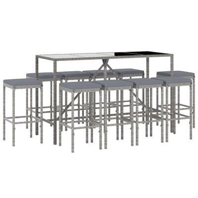 vidaXL 11 Piece Patio Bar Set with Cushions Gray Poly Rattan