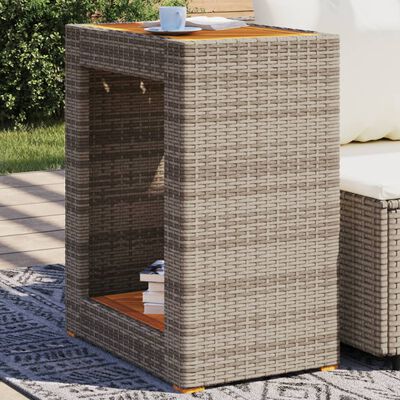 vidaXL Patio Side Table with Wooden Top Gray 23.6"x15.7"x29.5" Poly Rattan