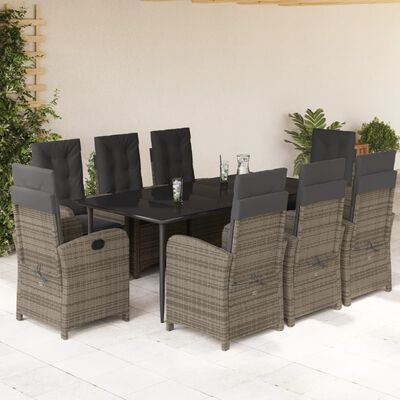 vidaXL 9 Piece Patio Dining Set with Cushions Gray Poly Rattan