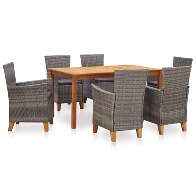 vidaXL 7 Piece Dining Set Poly Rattan and Solid Acacia Wood Gray