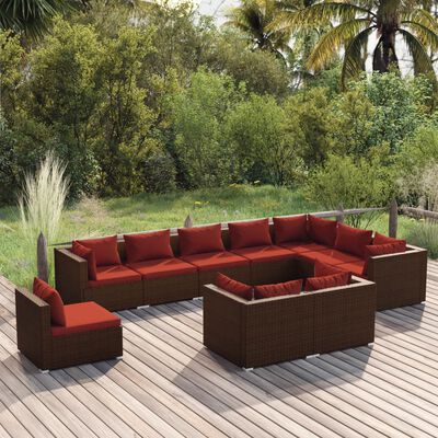 vidaXL 10 Piece Patio Lounge Set with Cushions Poly Rattan Brown