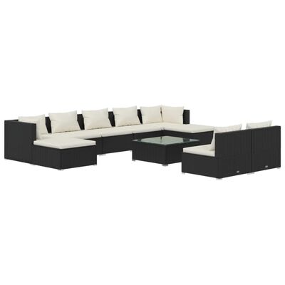 vidaXL 10 Piece Patio Lounge Set with Cushions Black Poly Rattan