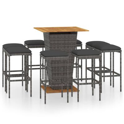 vidaXL 9 Piece Patio Bar Set with Cushions Poly Rattan Gray