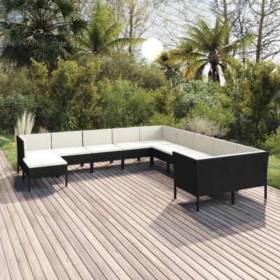 vidaXL 11 Piece Patio Lounge Set with Cushions Poly Rattan Black