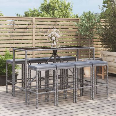 vidaXL 9 Piece Patio Bar Set with Cushions Gray Poly Rattan