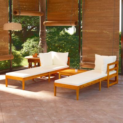 vidaXL 3 Piece Patio Lounge Set with Cream White Cushions Acacia Wood