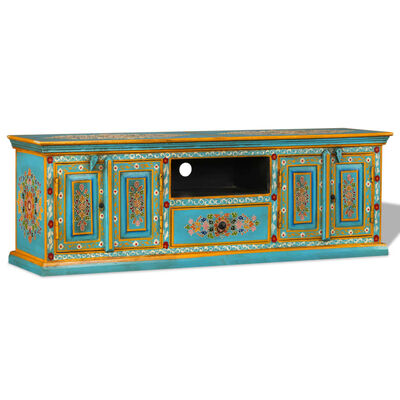 vidaXL TV Stand Solid Wood Mango Blue Hand Painted