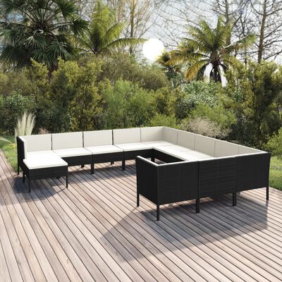 vidaXL 12 Piece Patio Lounge Set with Cushions Poly Rattan Black