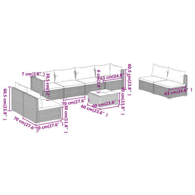 vidaXL 9 Piece Patio Lounge Set with Cushions Poly Rattan Gray