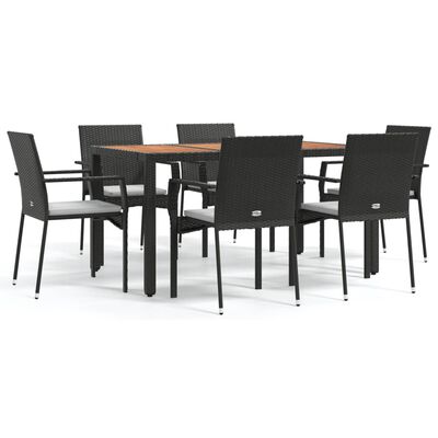 vidaXL 7 Piece Patio Dining Set with Cushions Black Poly Rattan