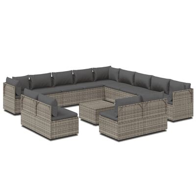 vidaXL 14 Piece Patio Lounge Set with Cushions Gray Poly Rattan