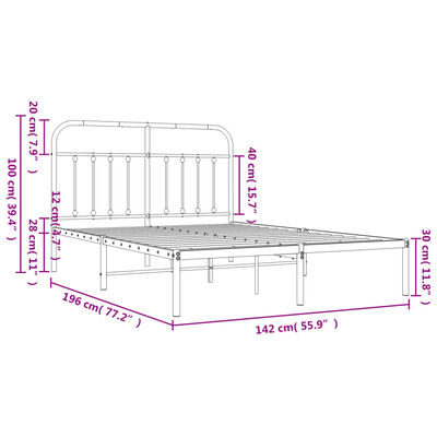 vidaXL Metal Bed Frame with Headboard Black 53.1"x74.8"