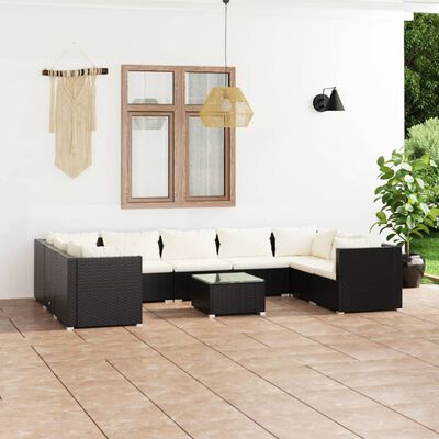 vidaXL 10 Piece Patio Lounge Set with Cushions Poly Rattan Black