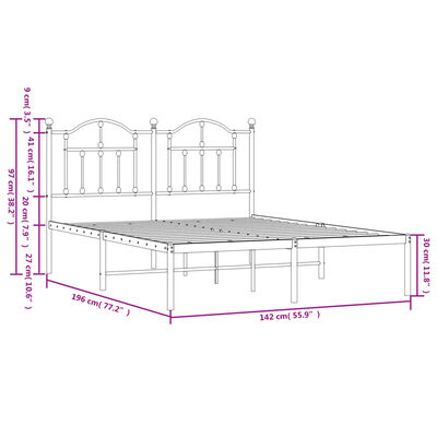 vidaXL Metal Bed Frame without Mattress with Headboard White 53.1"x74.8"