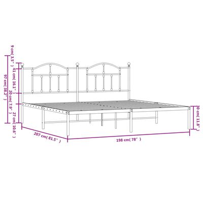 vidaXL Metal Bed Frame without Mattress with Headboard White 76"x79.9"