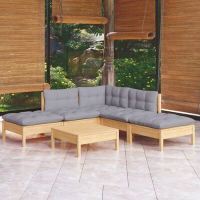 vidaXL 6 Piece Patio Lounge Set with Gray Cushions Pinewood