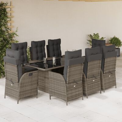 vidaXL 9 Piece Patio Dining Set with Cushions Gray Poly Rattan