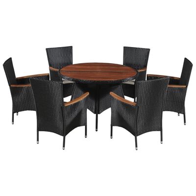 vidaXL 7 Piece Patio Dining Set Poly Rattan and Acacia Wood Black