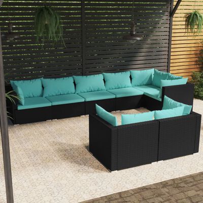 vidaXL 8 Piece Patio Lounge Set with Cushions Black Poly Rattan