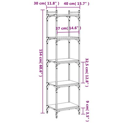 vidaXL Bookcase 5-Tier Black 15.7"x11.8"x60.6" Engineered Wood