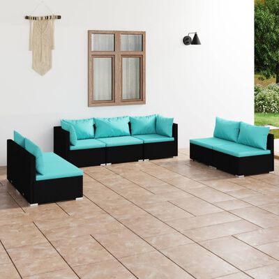 vidaXL 7 Piece Patio Lounge Set with Cushions Poly Rattan Black