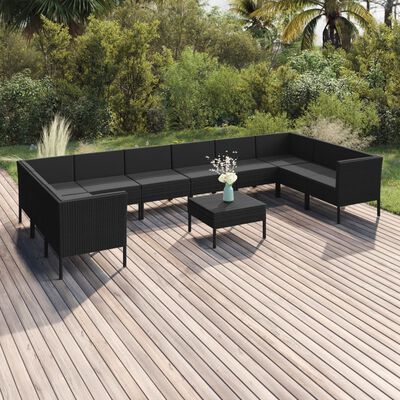 vidaXL 11 Piece Patio Lounge Set with Cushions Poly Rattan Black