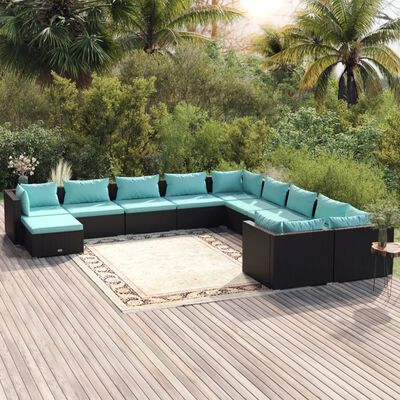 vidaXL 11 Piece Patio Lounge Set with Cushions Poly Rattan Black