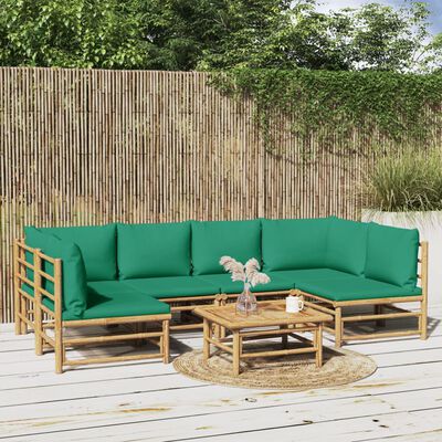 vidaXL 7 Piece Patio Lounge Set with Green Cushions Bamboo