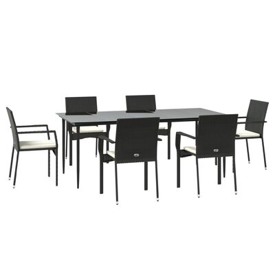 vidaXL 7 Piece Patio Dining Set with Cushions Black Poly Rattan