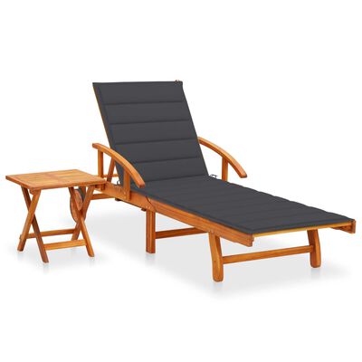 vidaXL Patio Sun Lounger with Table and Cushion Solid Acacia Wood