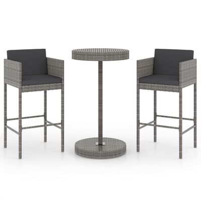 vidaXL 3 Piece Patio Bar Set with Cushions Poly Rattan Gray