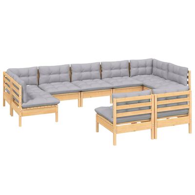 vidaXL 9 Piece Patio Lounge Set with Gray Cushions Solid Pinewood