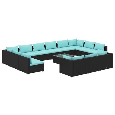 vidaXL 14 Piece Patio Lounge Set with Cushions Black Poly Rattan