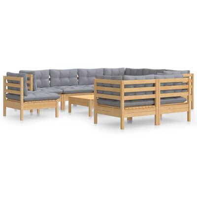 vidaXL 10 Piece Patio Lounge Set with Gray Cushions Solid Pinewood