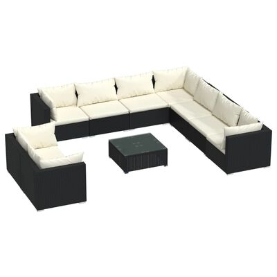 vidaXL 10 Piece Garden Lounge Set with Cushions Black Poly Rattan