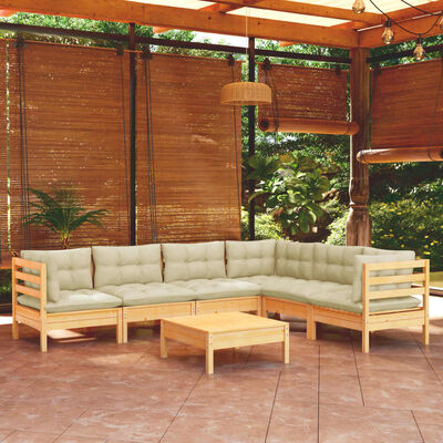 vidaXL 7 Piece Patio Lounge Set with Cream Cushions Solid Pinewood