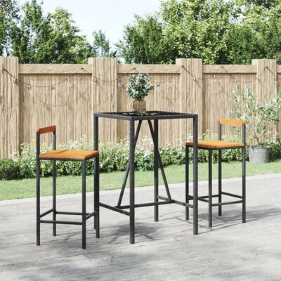 vidaXL 3 Piece Patio Bar Set Black Poly Rattan& Solid Wood Acacia