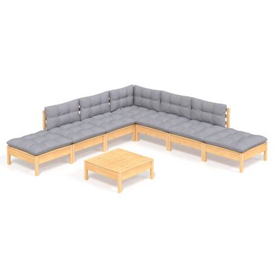 vidaXL 8 Piece Patio Lounge Set with Gray Cushions Pinewood