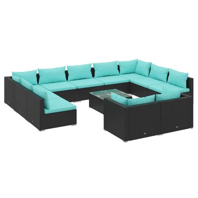 vidaXL 12 Piece Patio Lounge Set with Cushions Black Poly Rattan