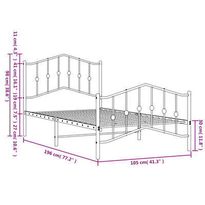 vidaXL Metal Bed Frame without Mattress with Footboard White 39.4"x74.8"