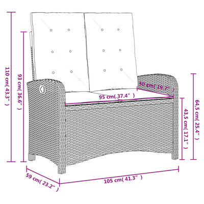 vidaXL Reclining Patio Bench with Cushions Gray Poly Rattan