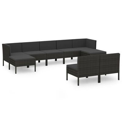 vidaXL 9 Piece Patio Lounge Set with Cushions Poly Rattan Black