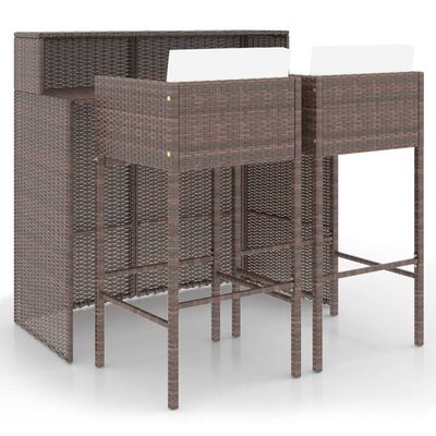 vidaXL 3 Piece Patio Bar Set with Cushions Poly Rattan Brown